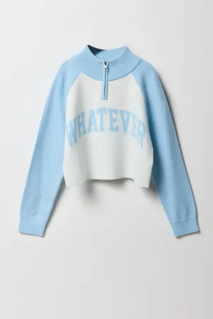 Chandail en tricot jacquard avec blocs de couleurs et quart de fermeture à glissière pour fille