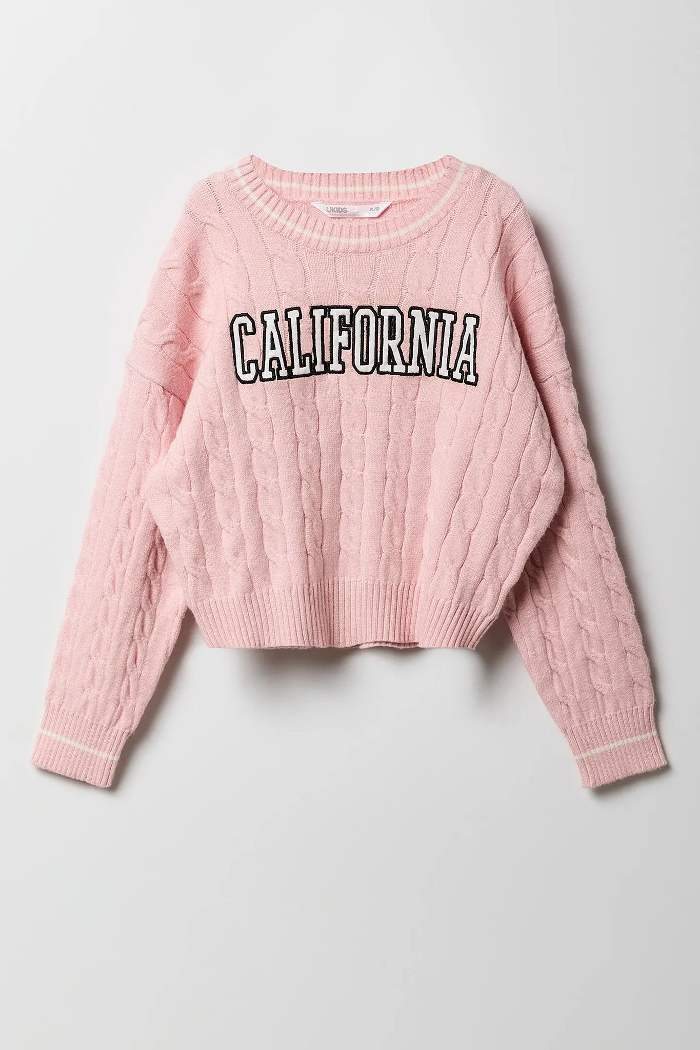Chandail à mailles torsadées et broderie constrastante pour filles