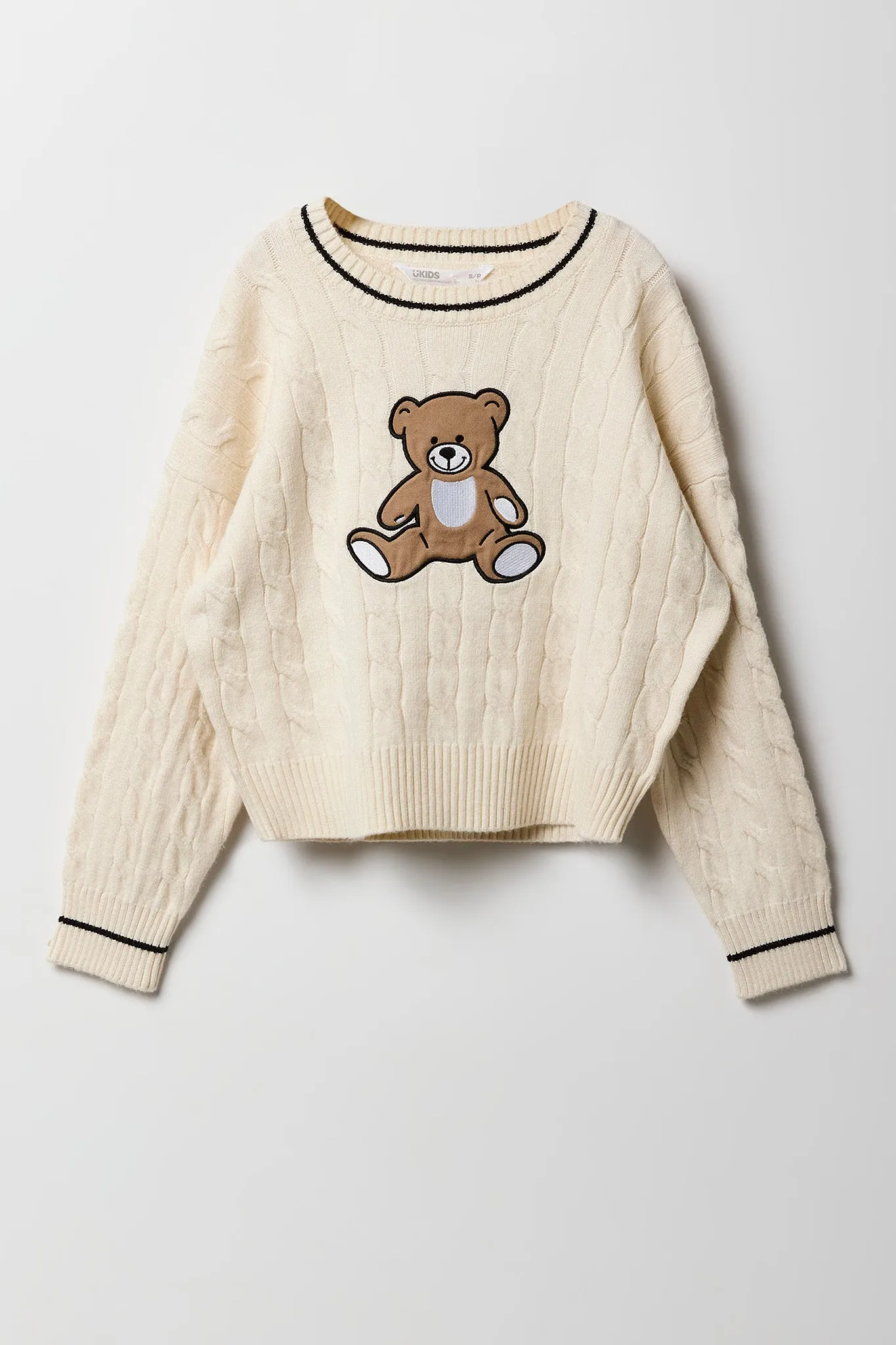 Chandail à mailles torsadées et broderie constrastante pour filles