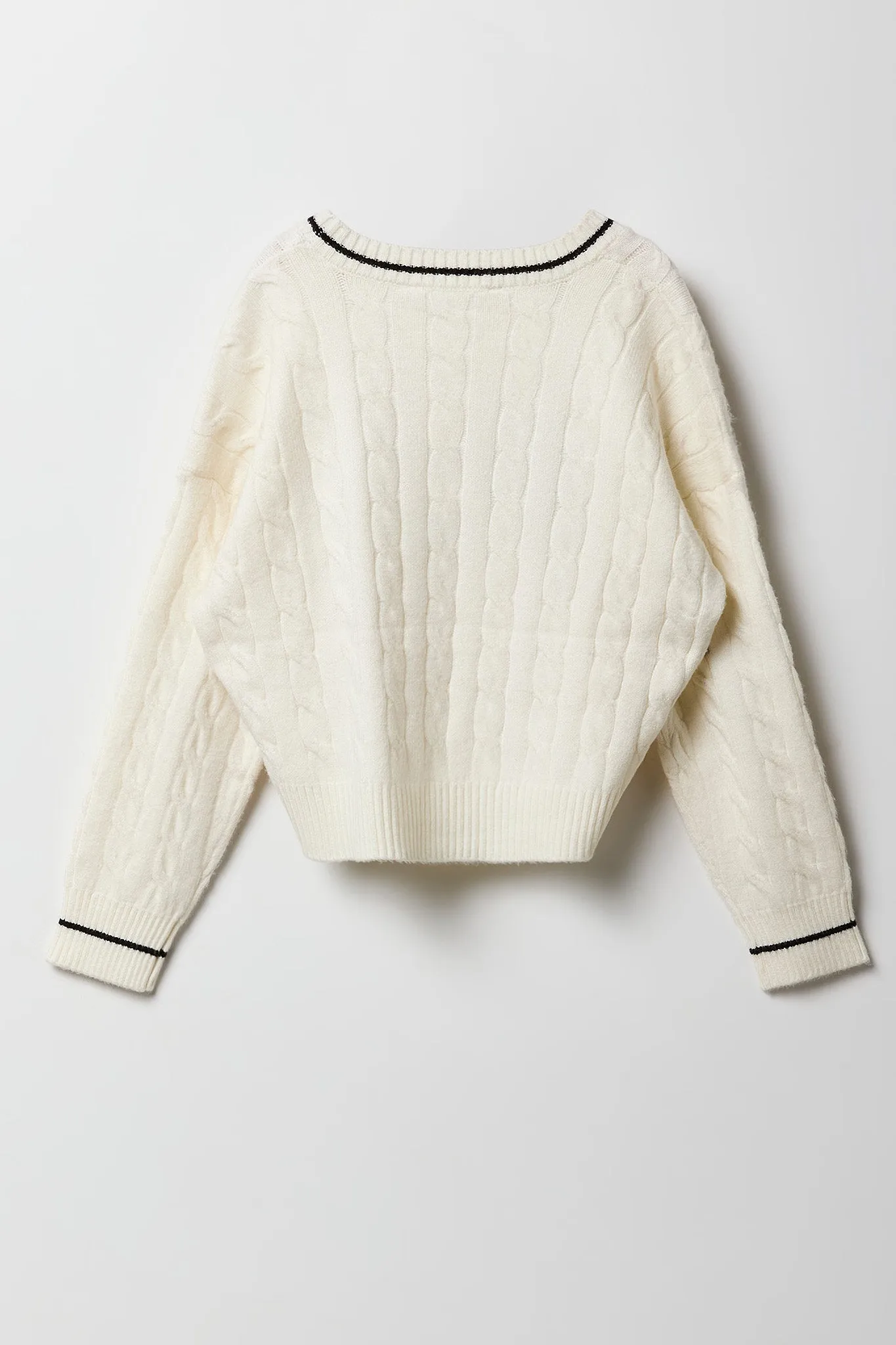 Chandail à mailles torsadées et broderie constrastante pour filles