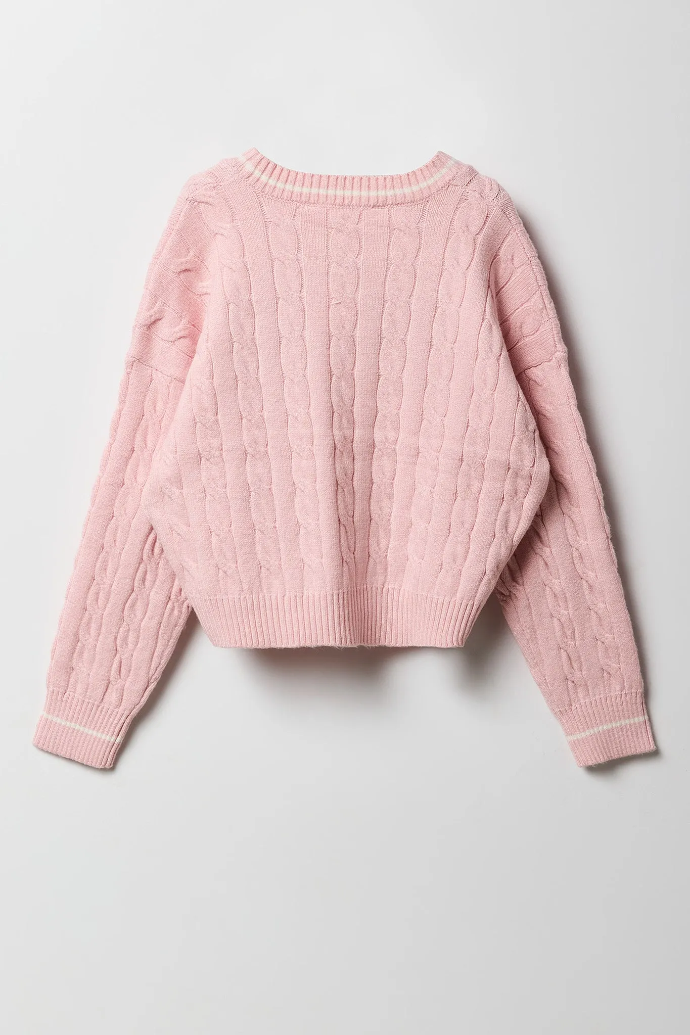 Chandail à mailles torsadées et broderie constrastante pour filles