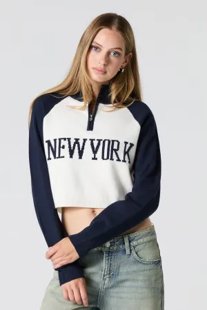Chandail raglan en tricot avec imprimé City et quart de fermeture à glissière