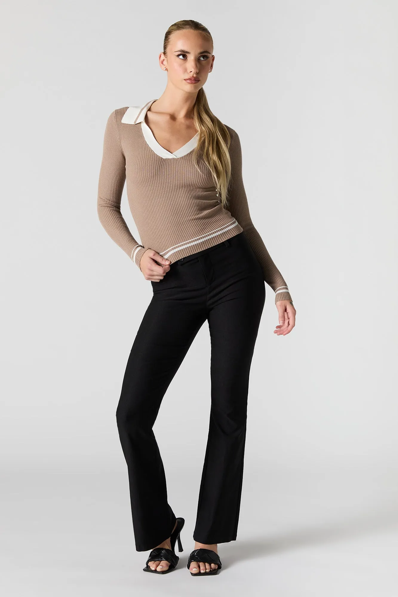 Contrast Collared Ribbed Knit Sweater