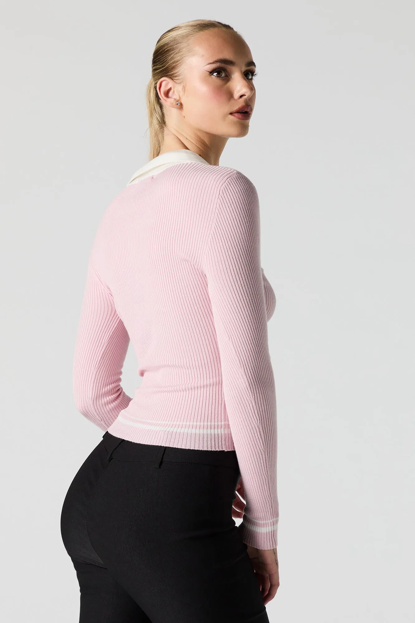 Contrast Collared Ribbed Knit Sweater