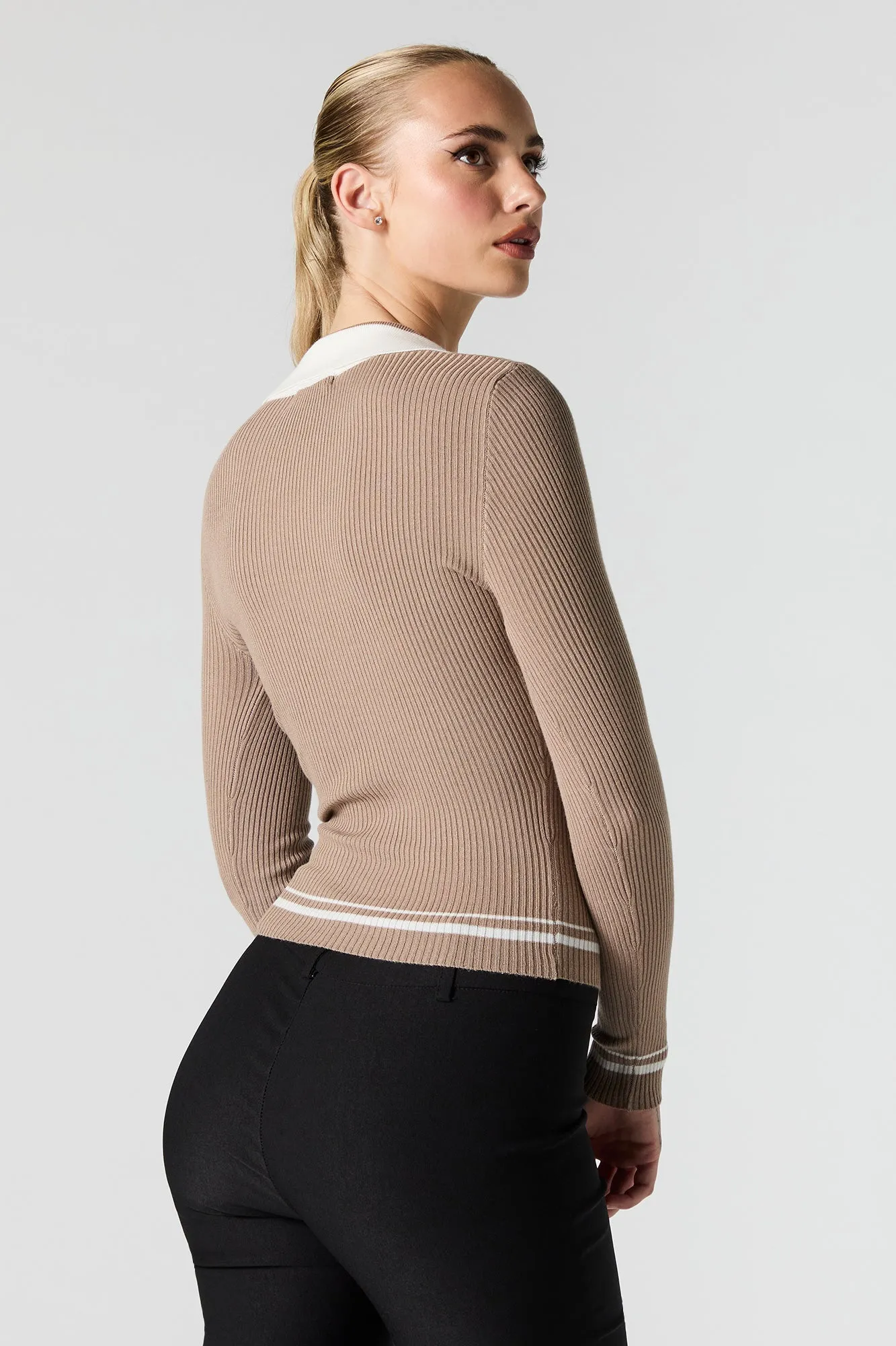 Contrast Collared Ribbed Knit Sweater