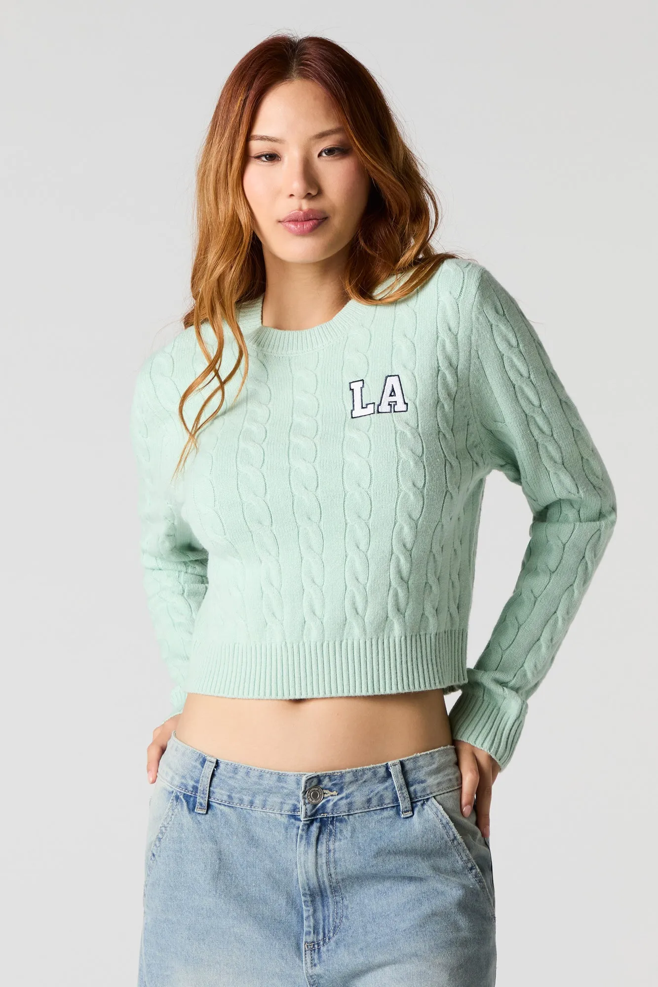 Embroidered Cable Knit Cropped Sweater