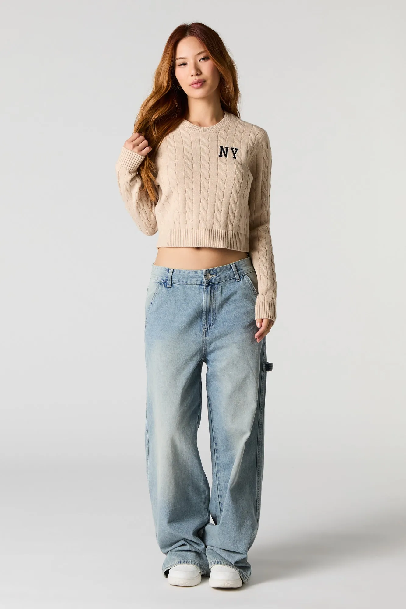 Embroidered Cable Knit Cropped Sweater