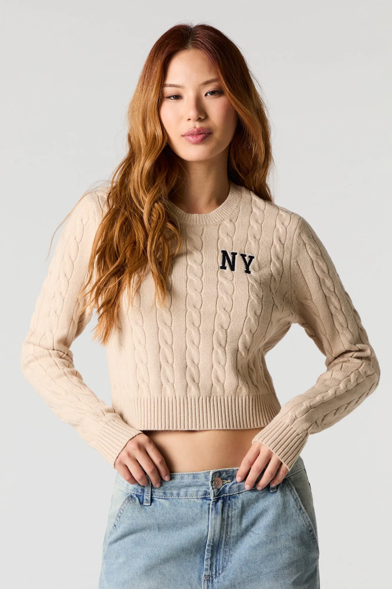 Embroidered Cable Knit Cropped Sweater
