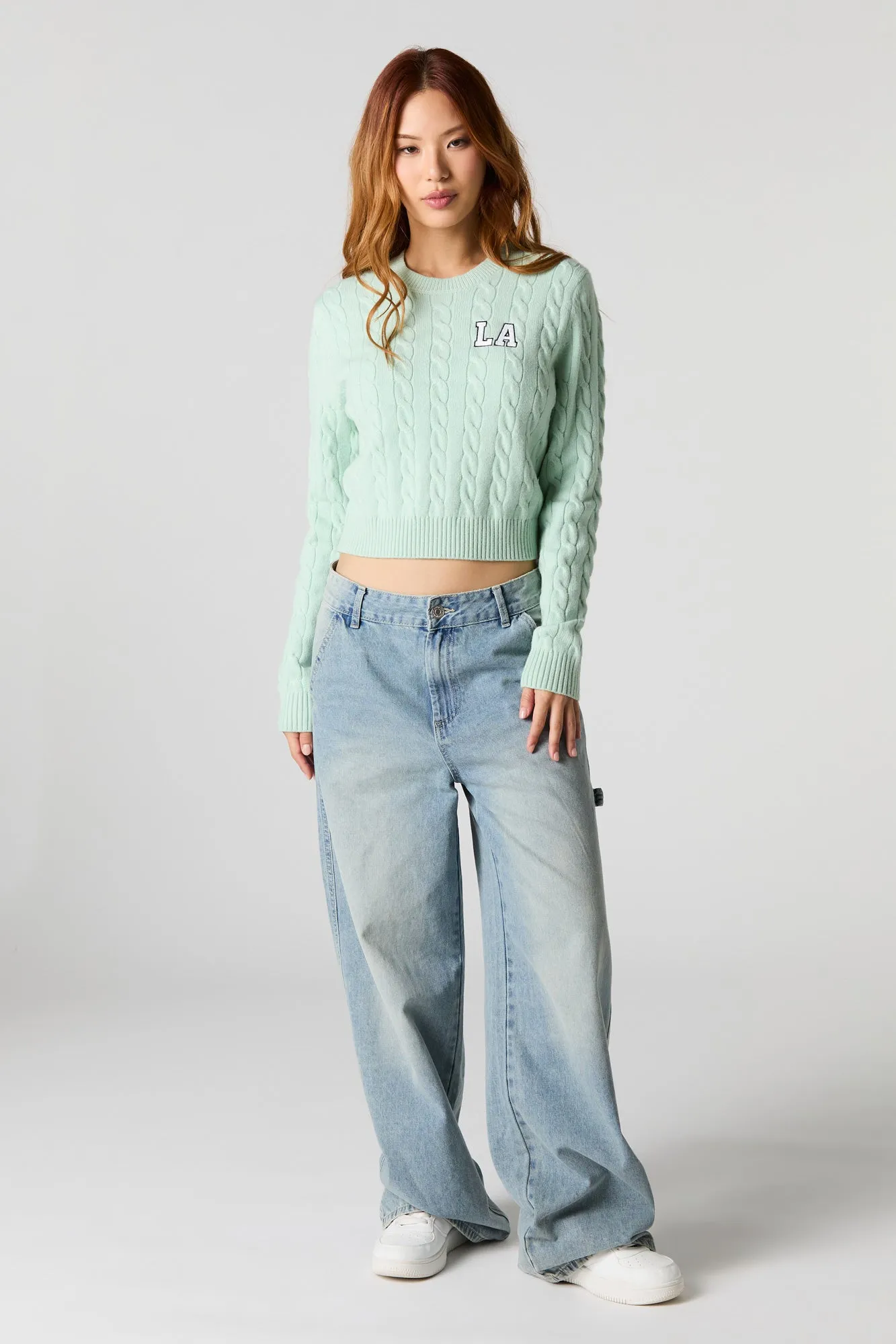 Embroidered Cable Knit Cropped Sweater