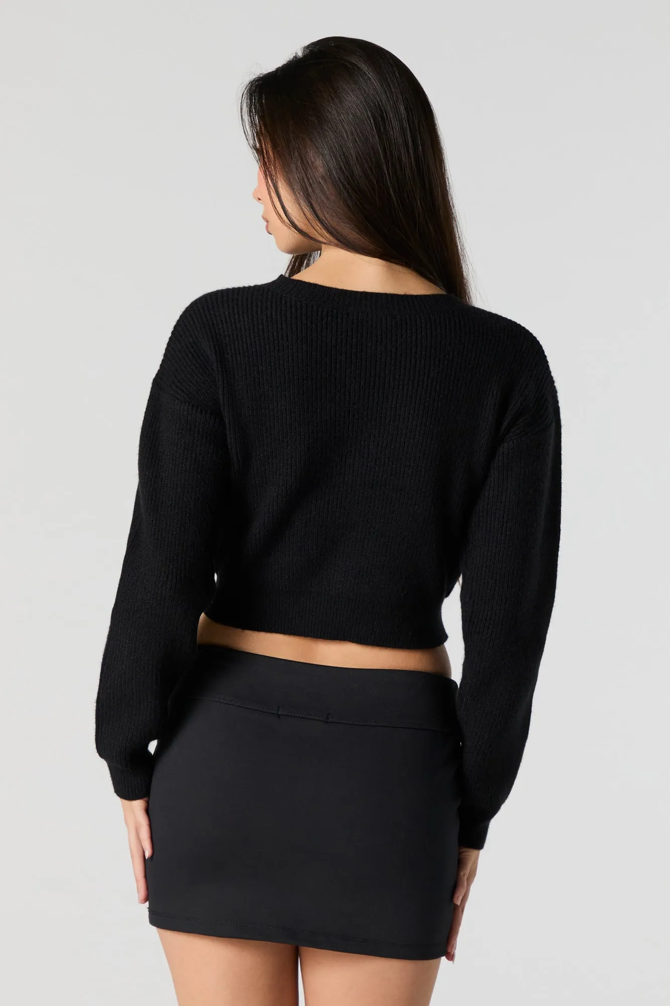 Embroidered Ribbed Knit Cropped Sweater