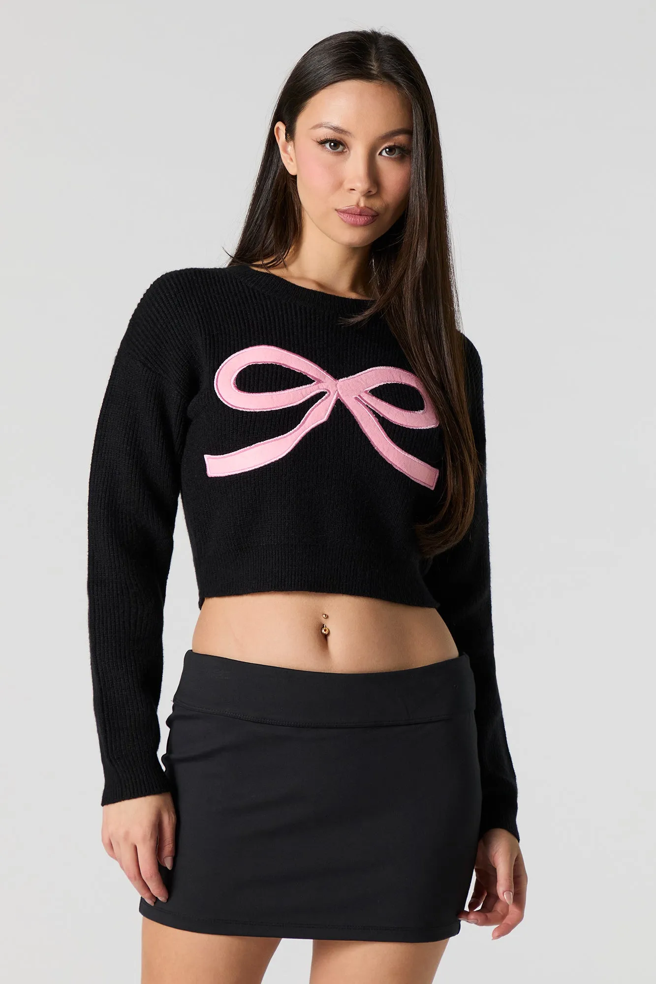 Embroidered Ribbed Knit Cropped Sweater