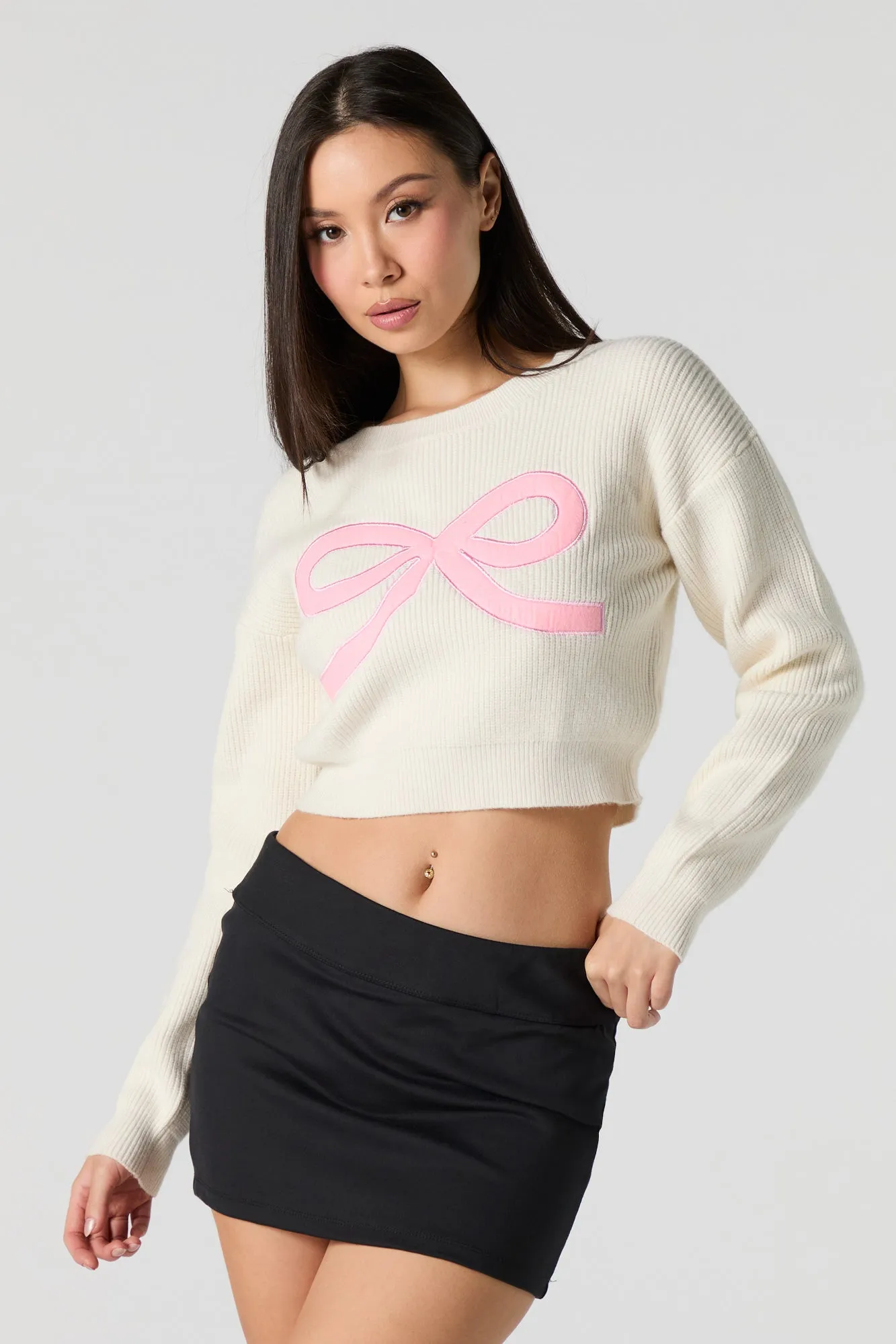Embroidered Ribbed Knit Cropped Sweater