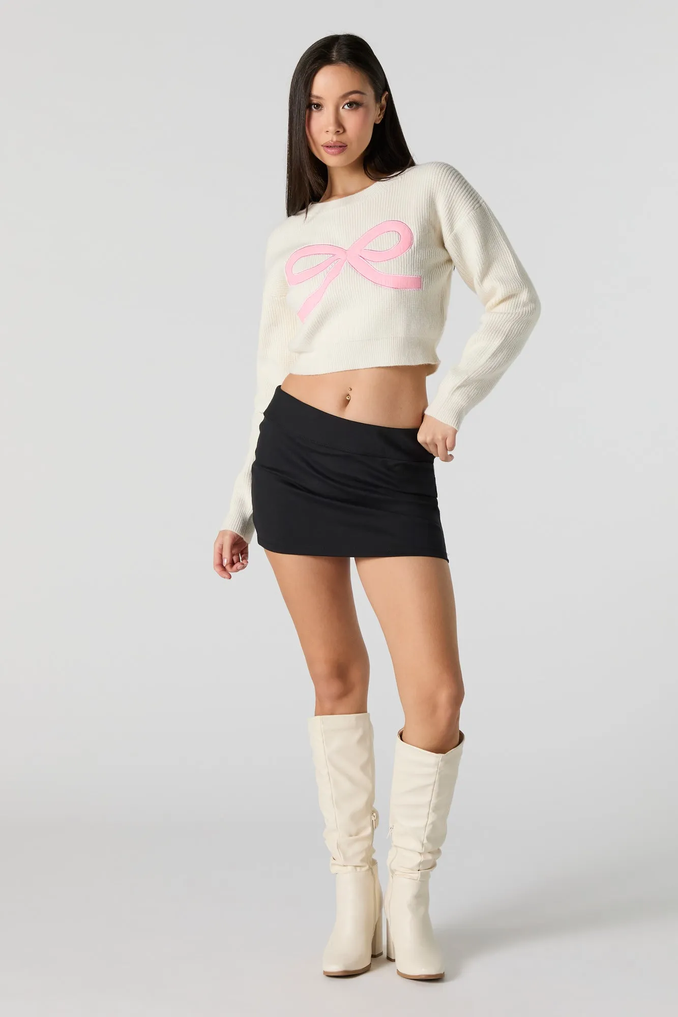 Embroidered Ribbed Knit Cropped Sweater