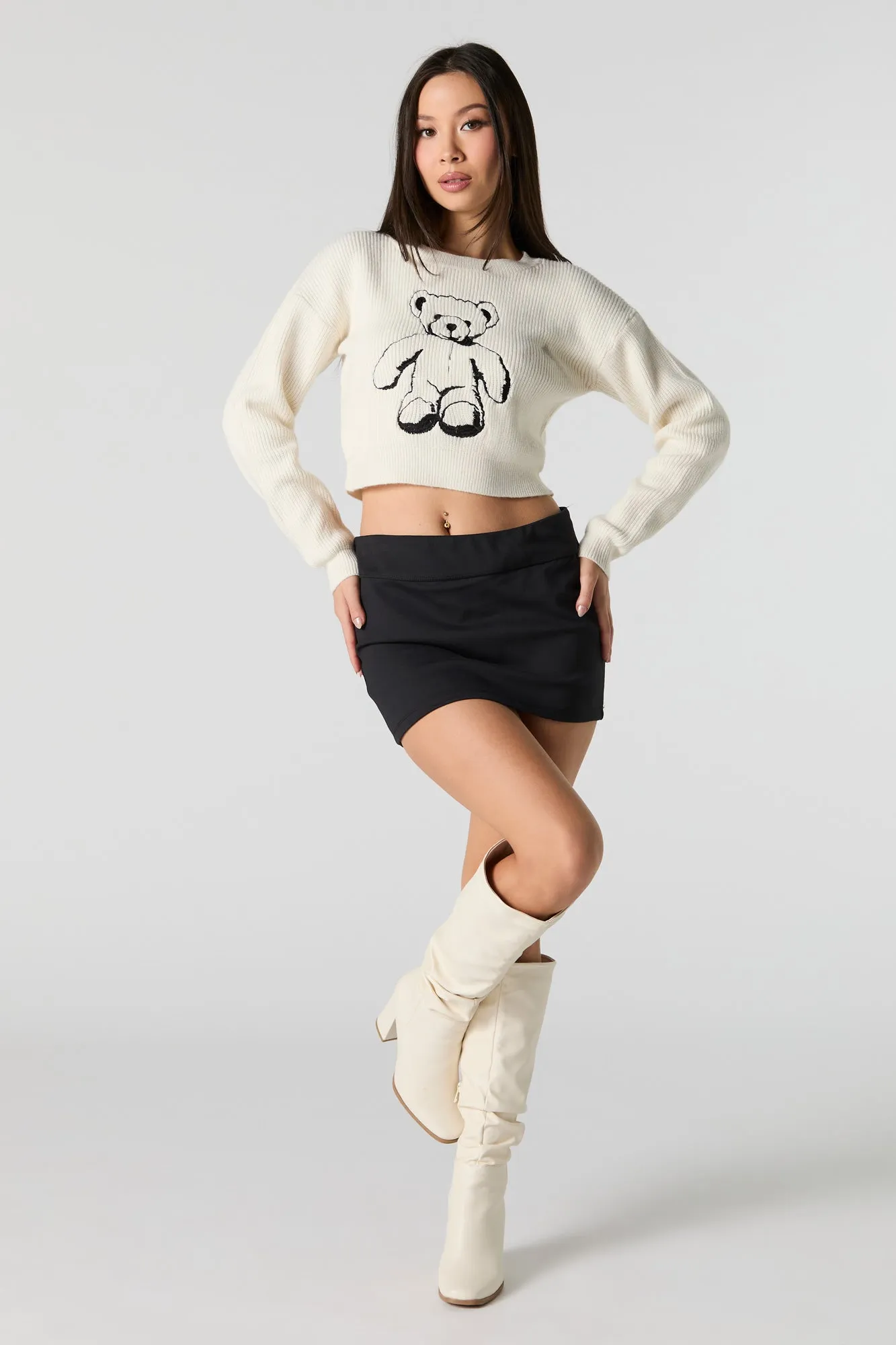 Embroidered Ribbed Knit Cropped Sweater