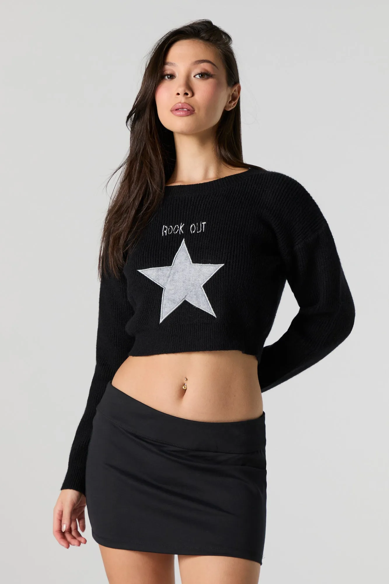 Embroidered Ribbed Knit Cropped Sweater