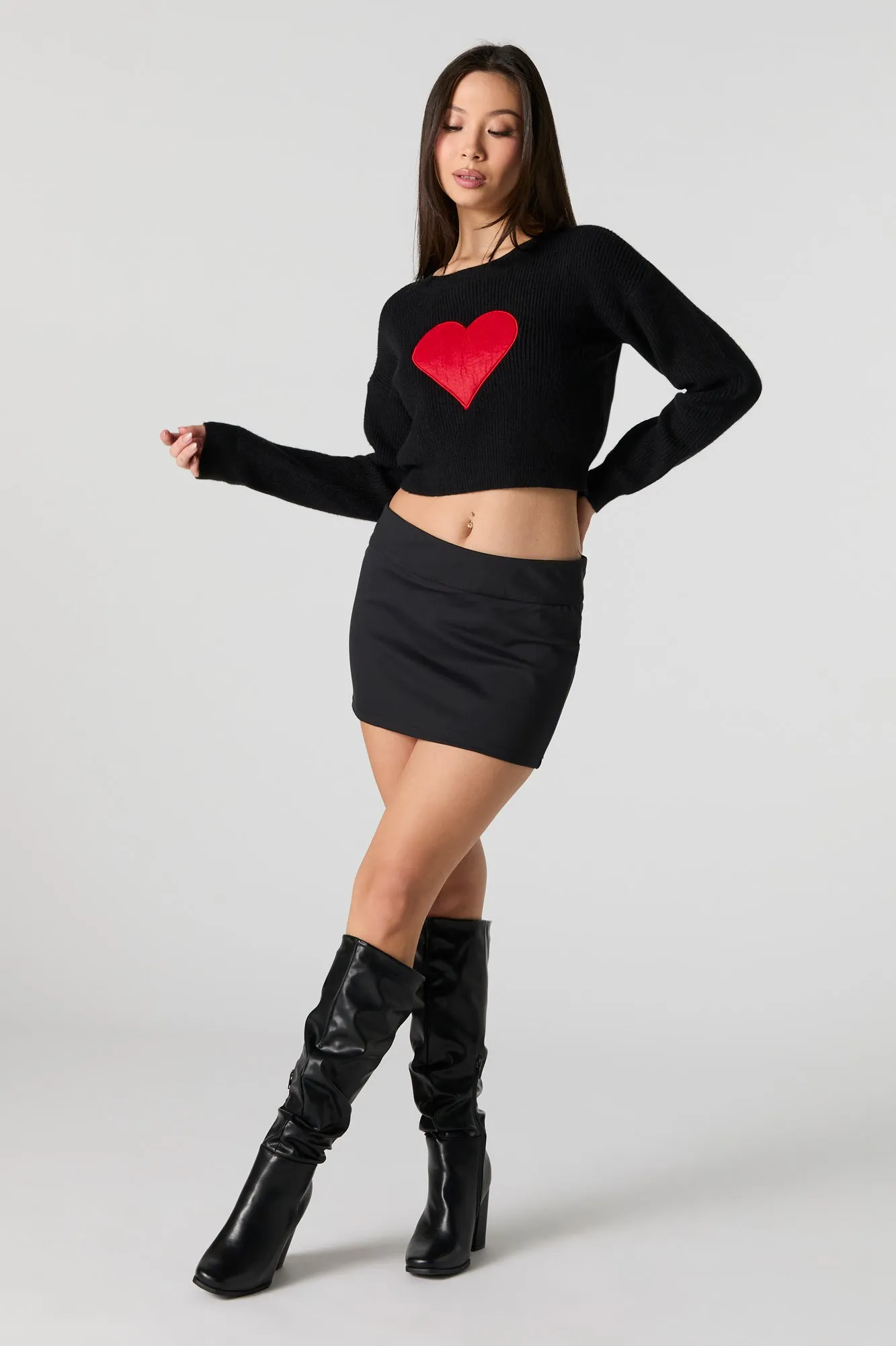 Embroidered Ribbed Knit Cropped Sweater