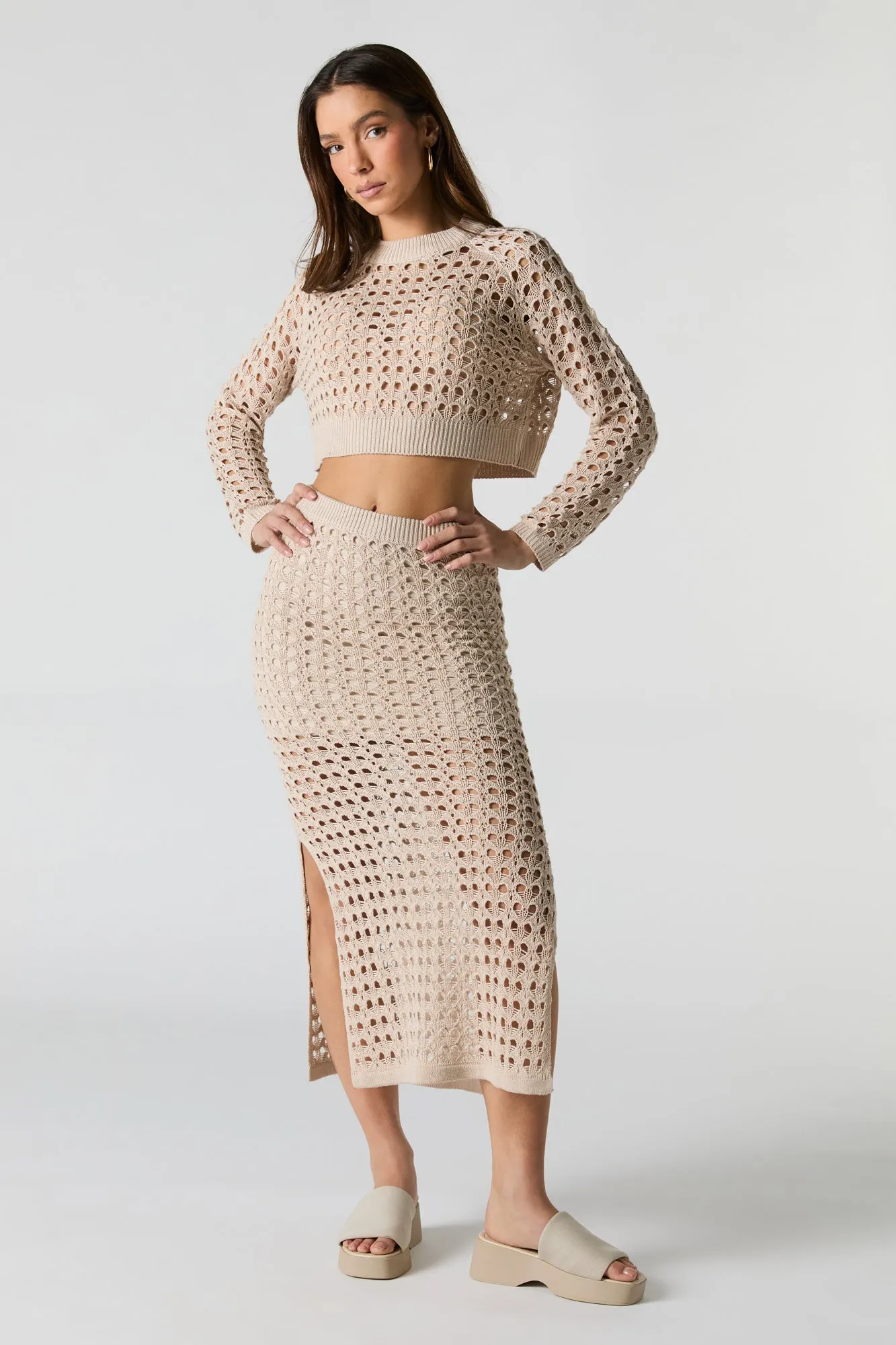 Haut écourté à manche longue en tricot ouvert