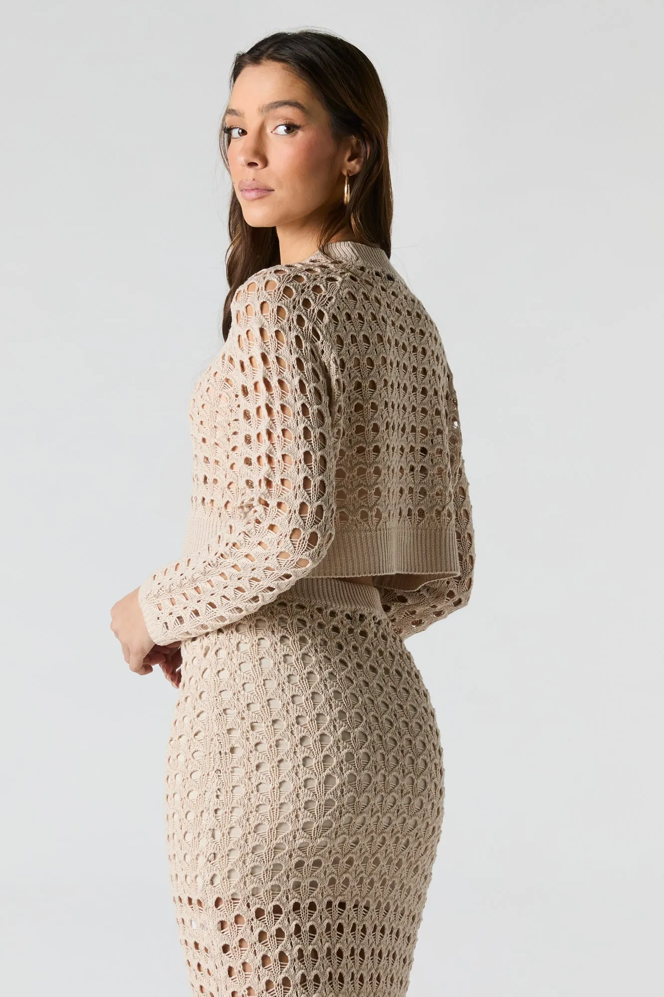 Haut écourté à manche longue en tricot ouvert