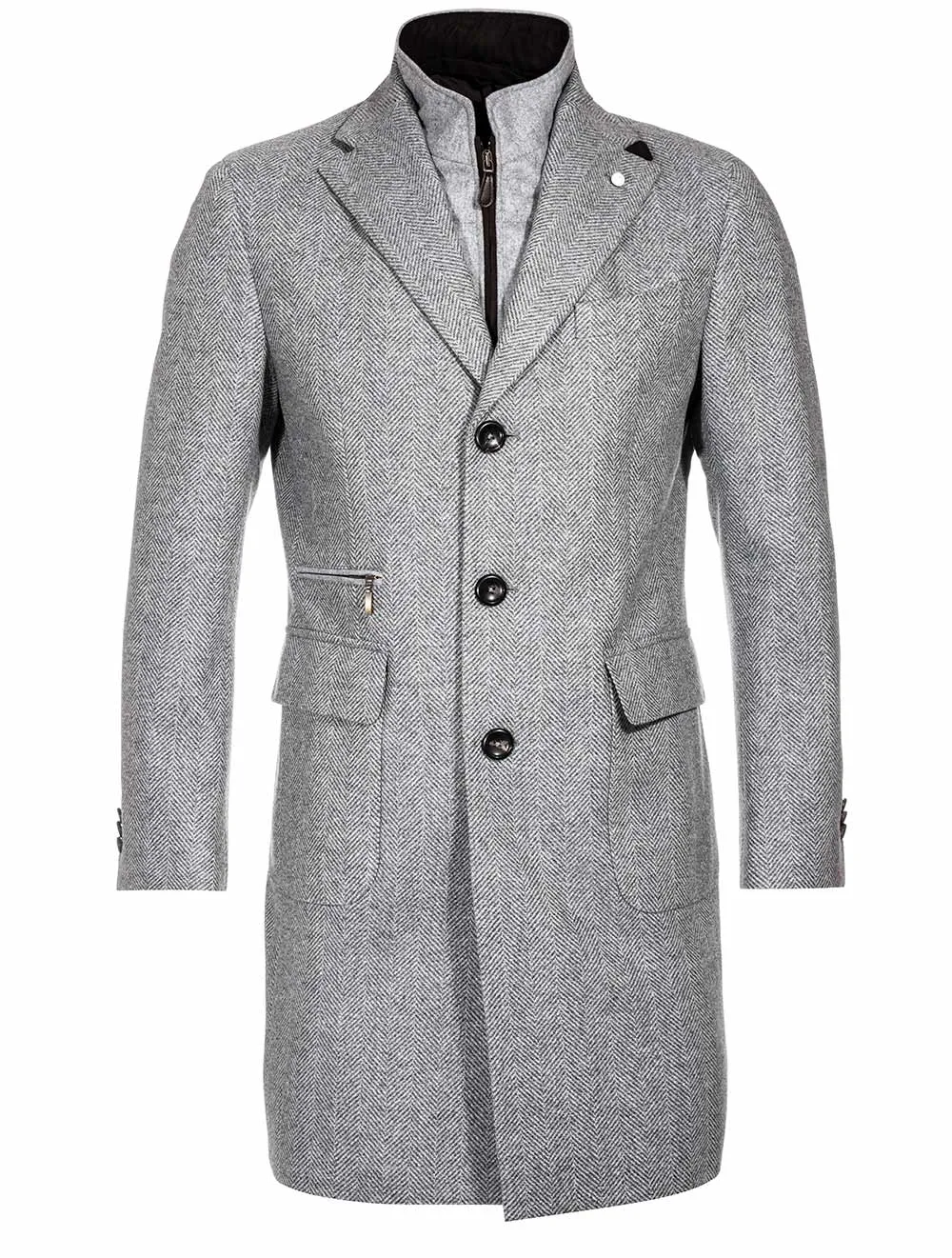 Herringbone Overcoat With Zip Insert Grey
