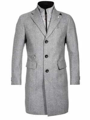 Herringbone Overcoat With Zip Insert Grey