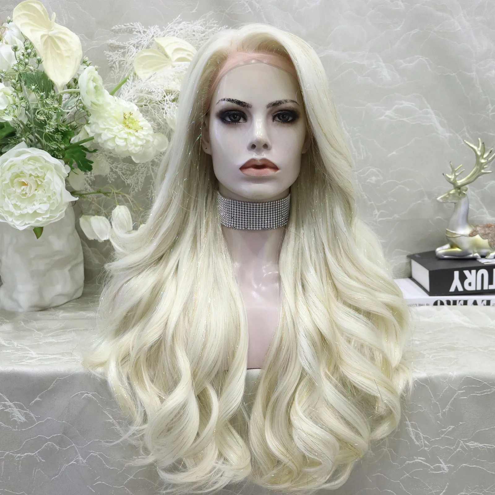imstyle-Ann-blonde Synthetic tinsel wig with layers no parting lace front wigs