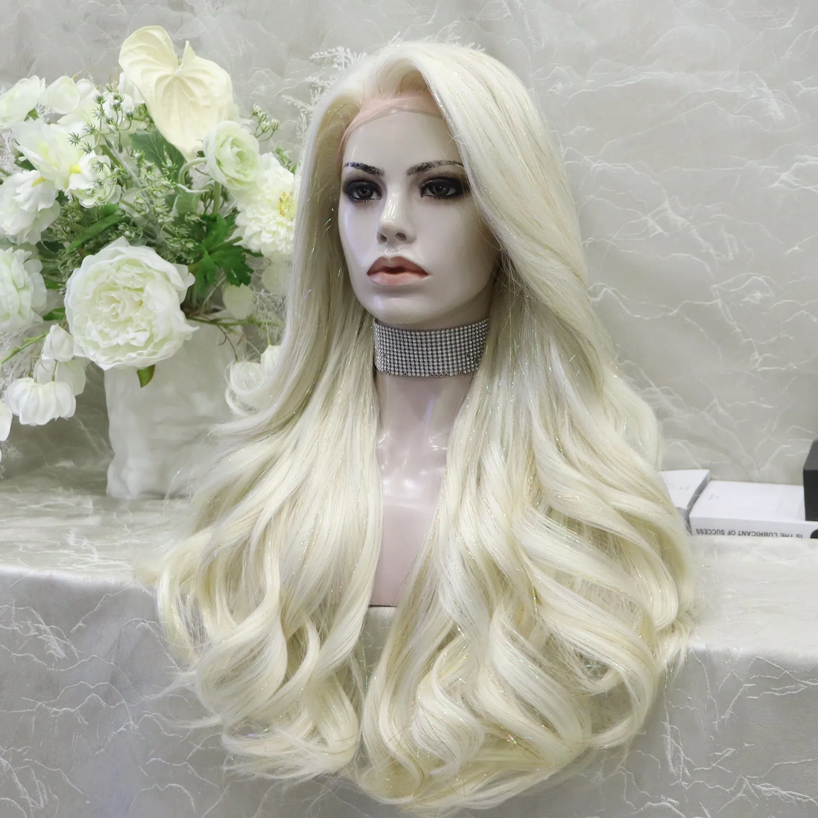 imstyle-Ann-blonde Synthetic tinsel wig with layers no parting lace front wigs