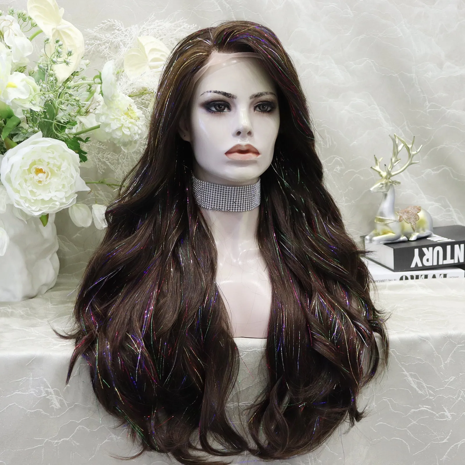 imstyle-Ann-brown Synthetic tinsel wig with layers no parting lace front wigs