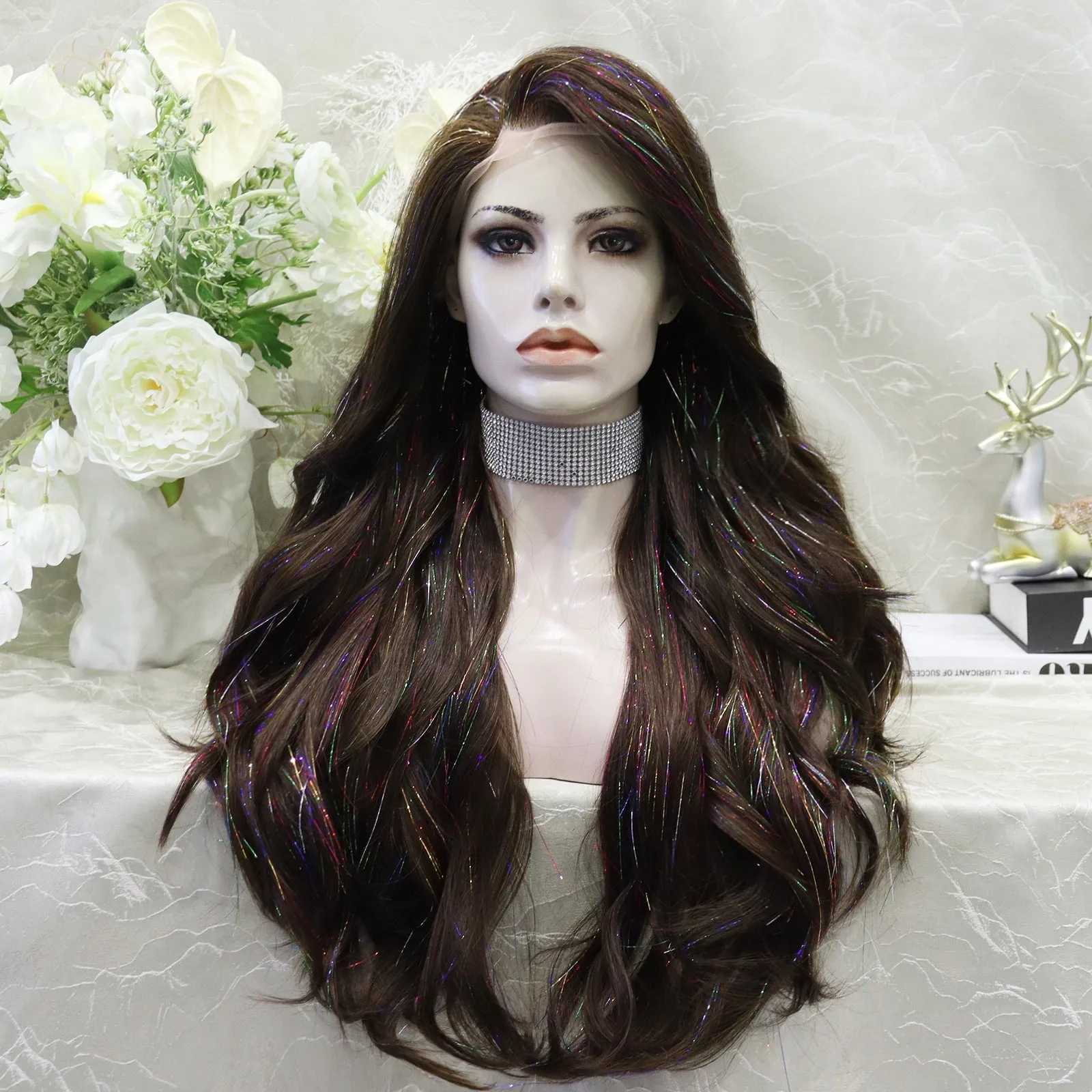 imstyle-Ann-brown Synthetic tinsel wig with layers no parting lace front wigs