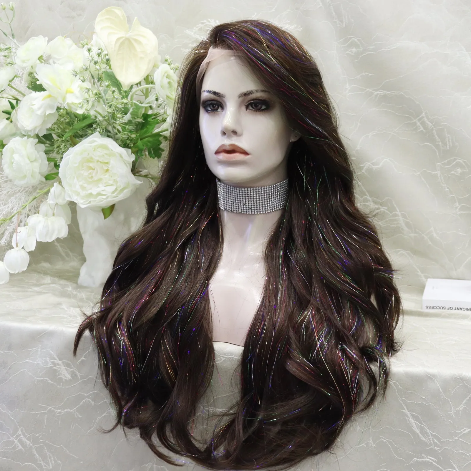 imstyle-Ann-brown Synthetic tinsel wig with layers no parting lace front wigs