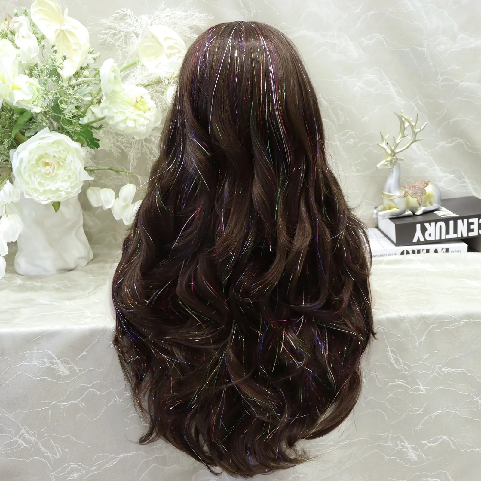 imstyle-Ann-brown Synthetic tinsel wig with layers no parting lace front wigs