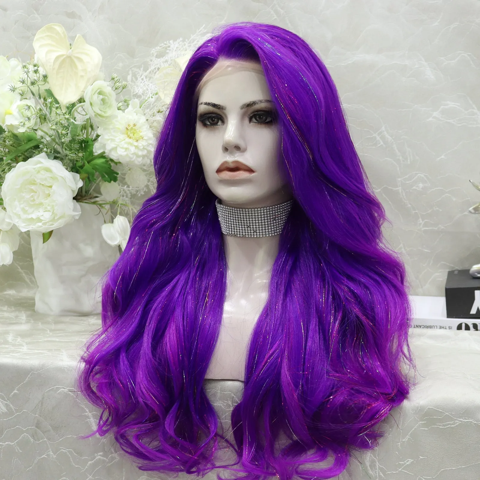 imstyle-Ann-purple Synthetic tinsel wig with layers no parting lace front wigs