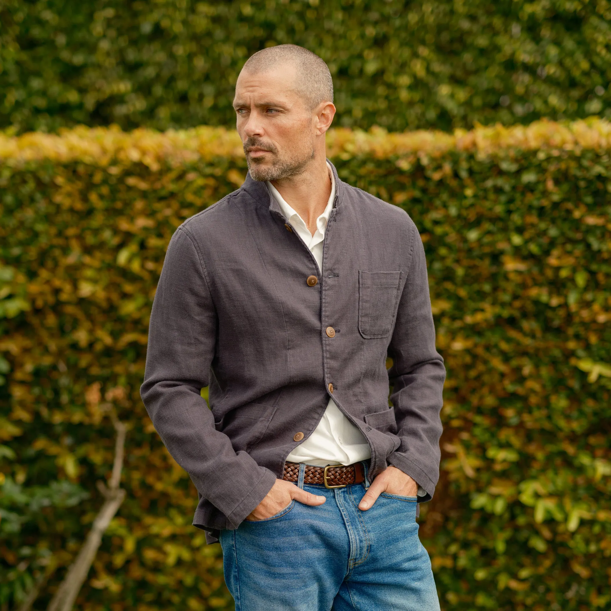 Nelson Ramie Stand Up Collar Jacket - Navy