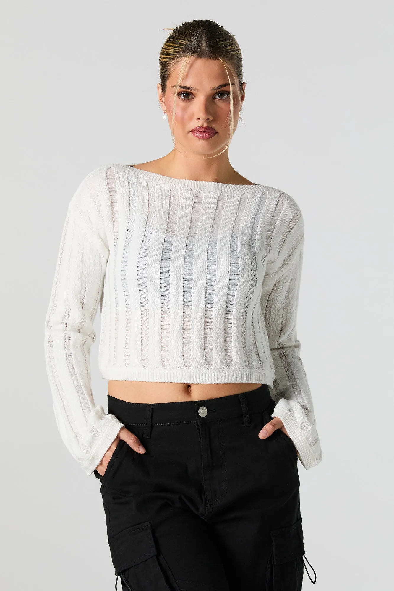 Open Knit Boat Neck Sweater