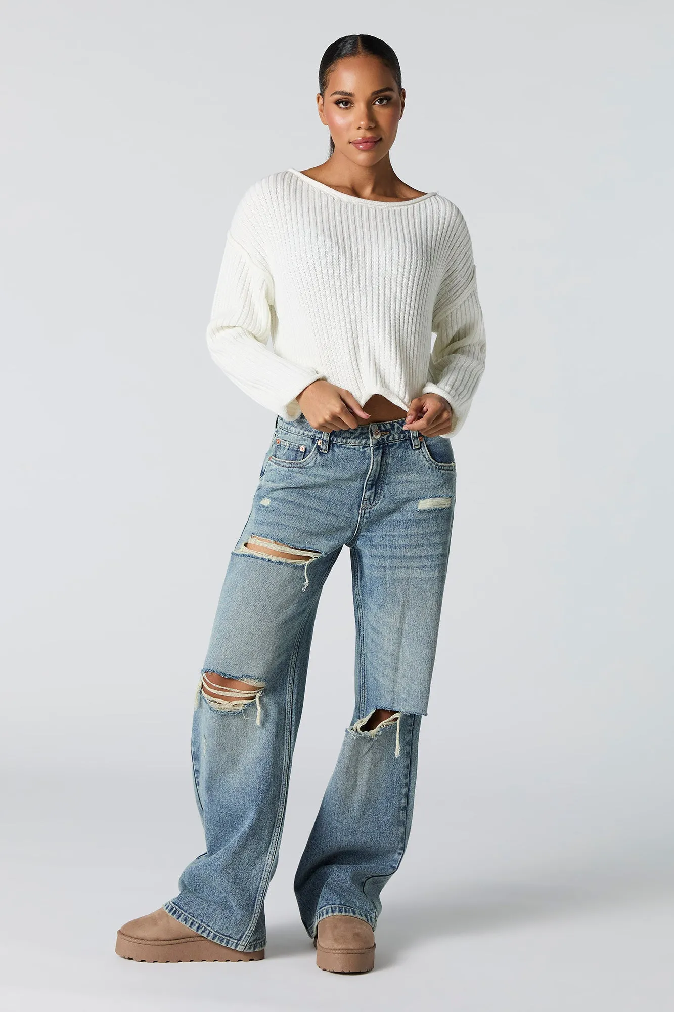 Ribbed Knit Boat Neck Sweater