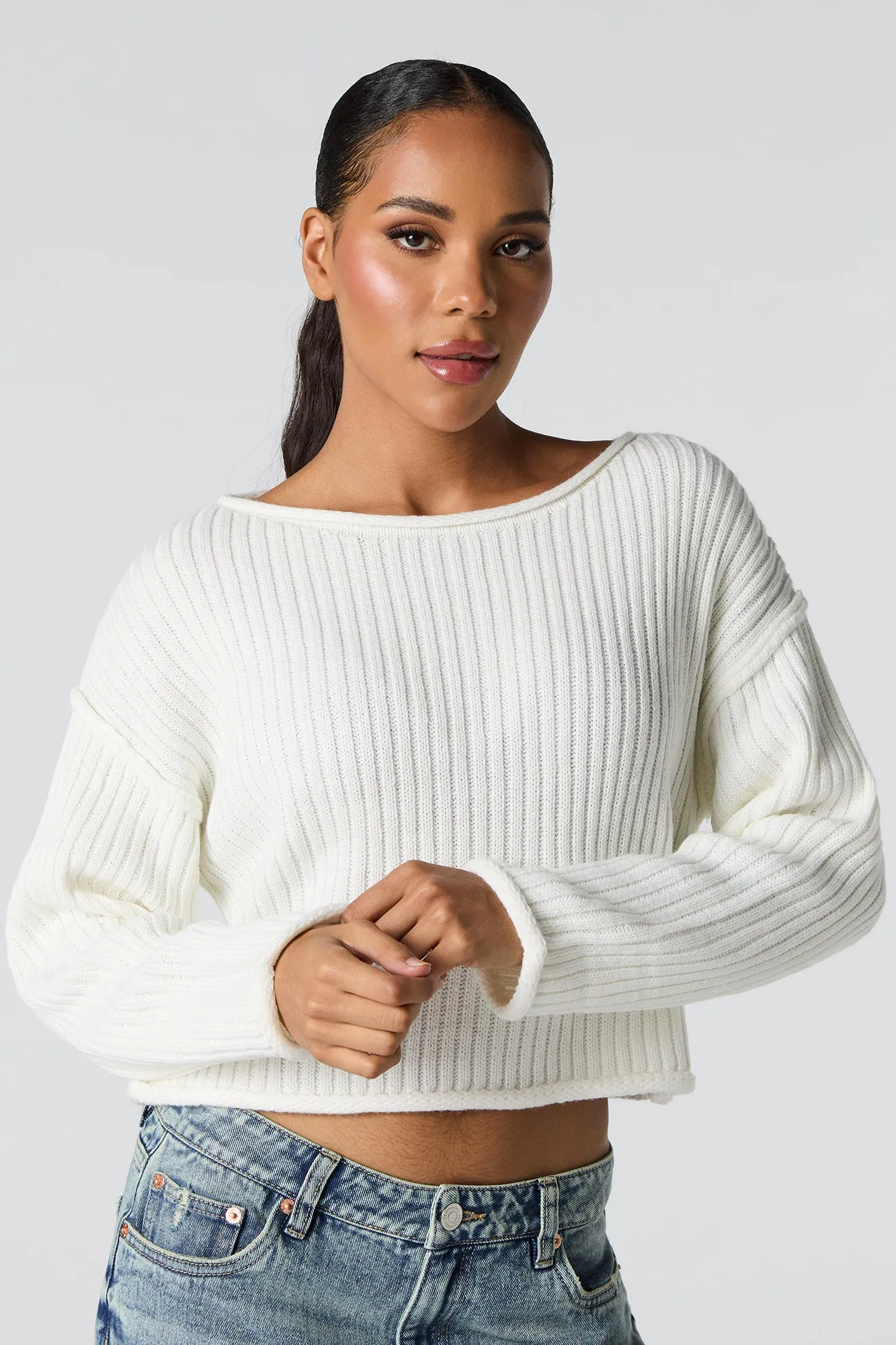 Ribbed Knit Boat Neck Sweater
