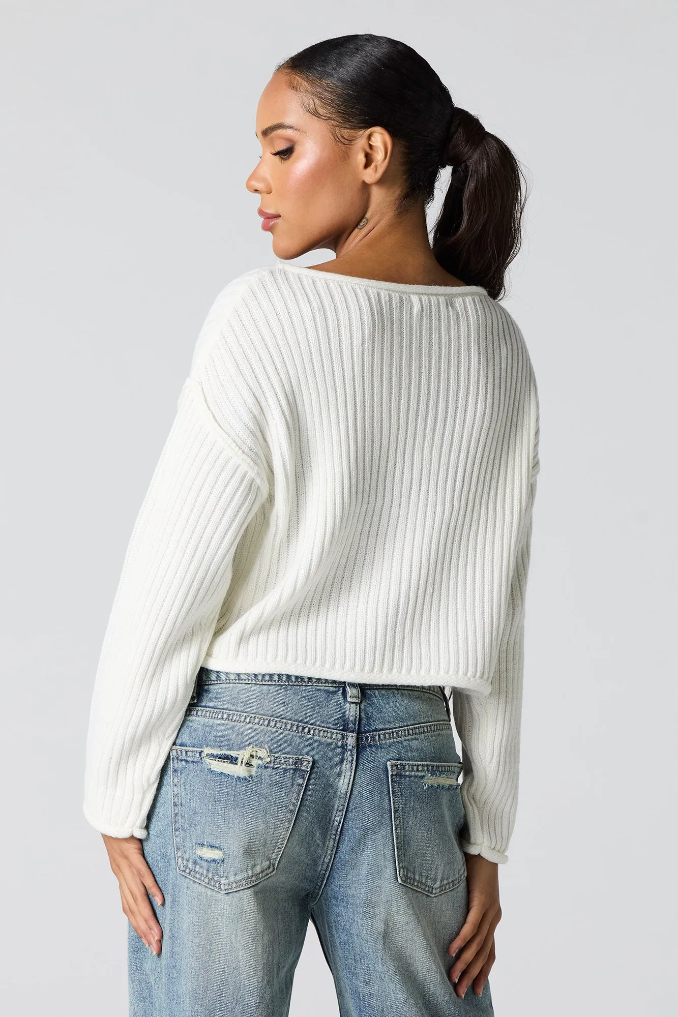 Ribbed Knit Boat Neck Sweater