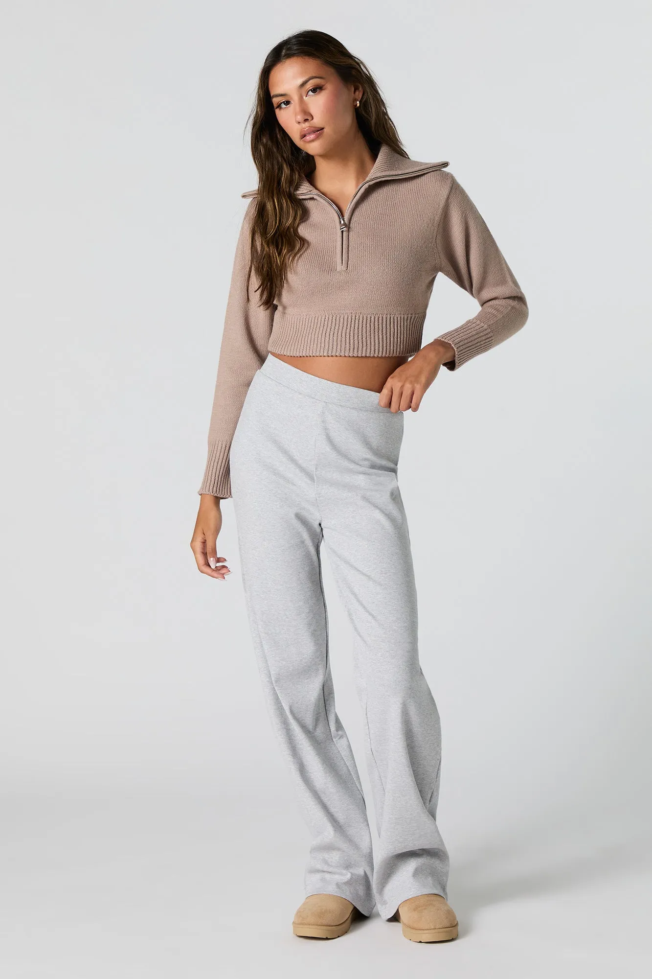 Ribbed Knit Quarter Zip Cropped Sweater