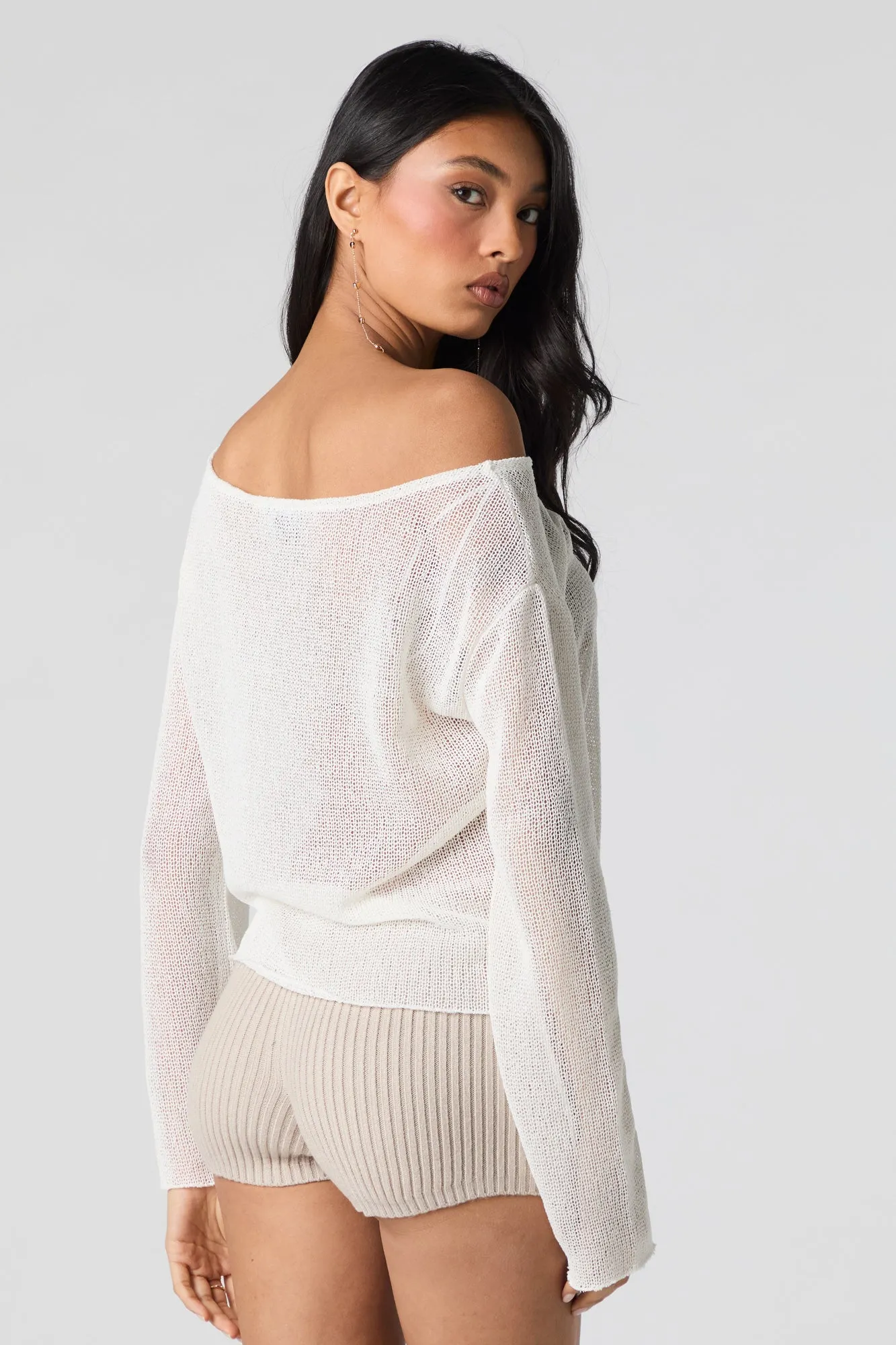 Sheer Knit Off Shoulder Long Sleeve Top