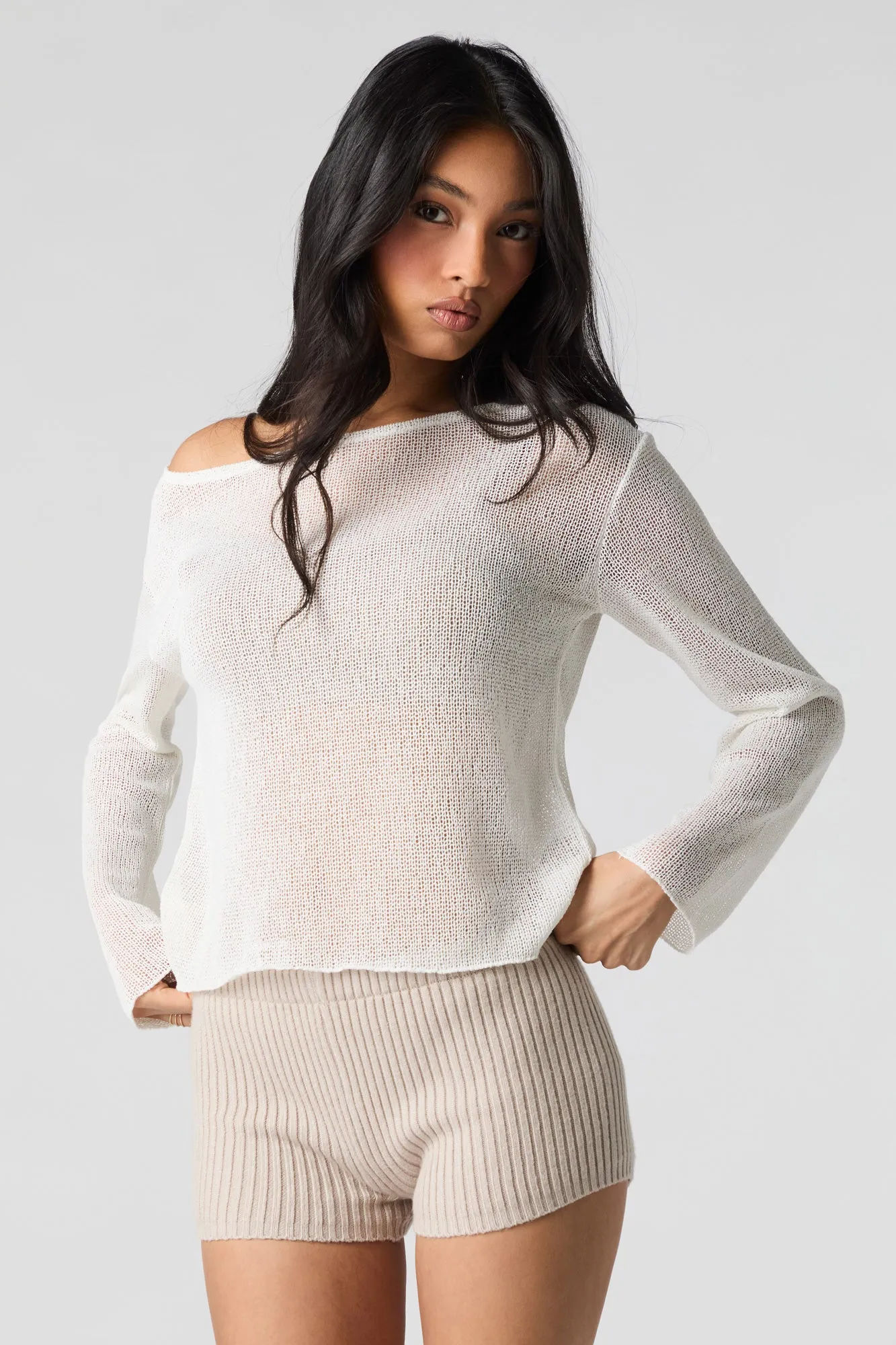 Sheer Knit Off Shoulder Long Sleeve Top