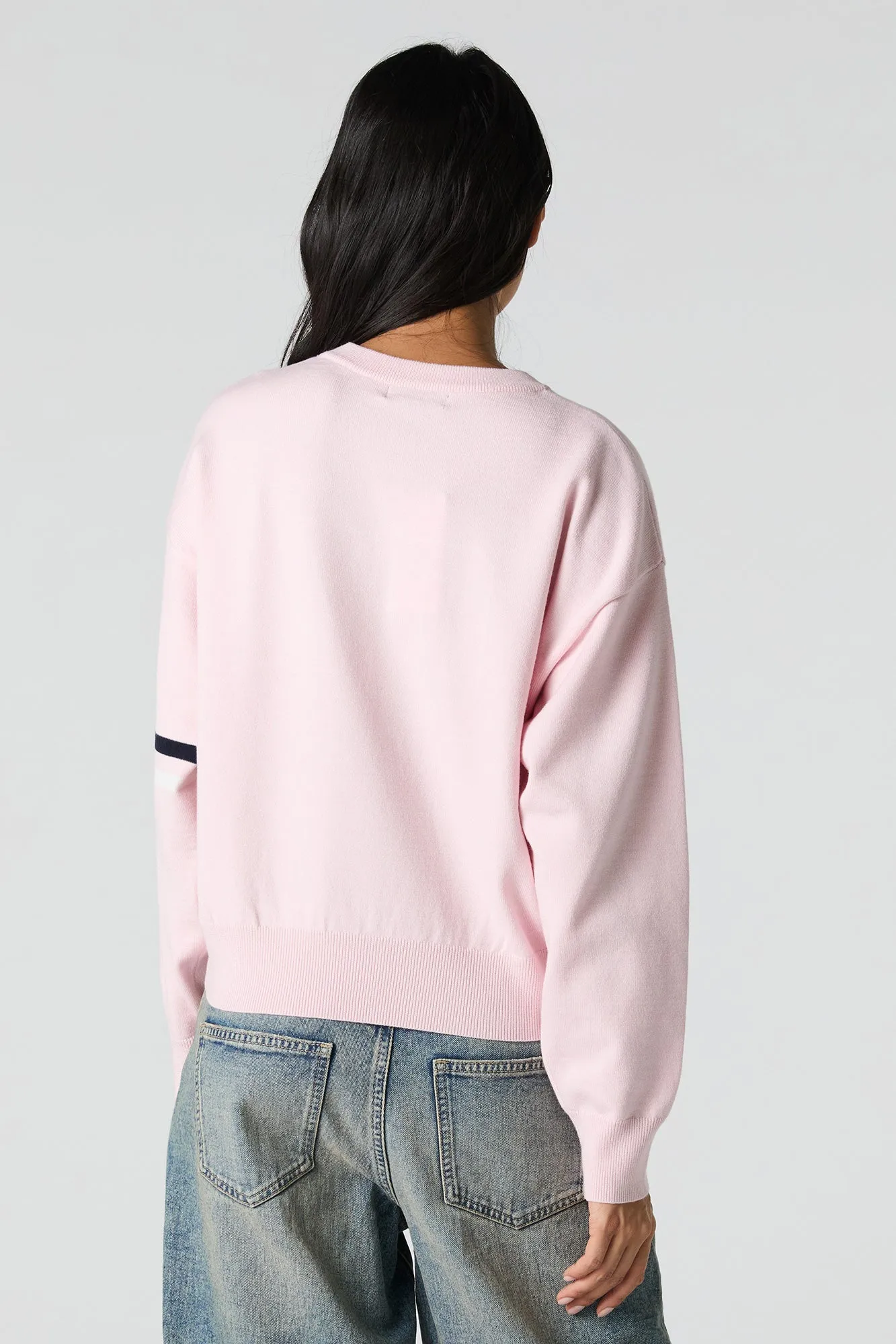 Twill Embroidered Striped Sleeve Knit Sweater