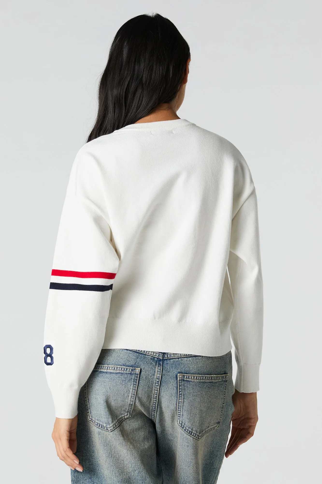Twill Embroidered Striped Sleeve Knit Sweater