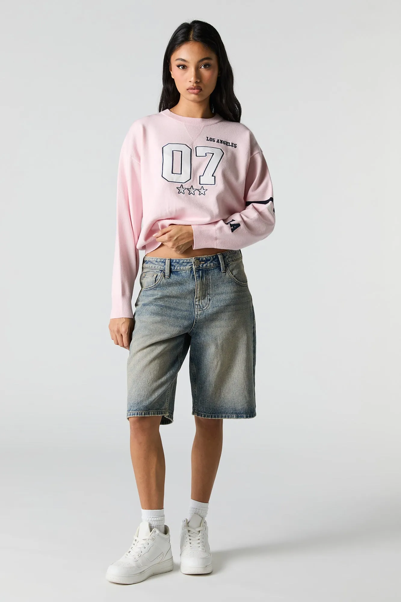 Twill Embroidered Striped Sleeve Knit Sweater